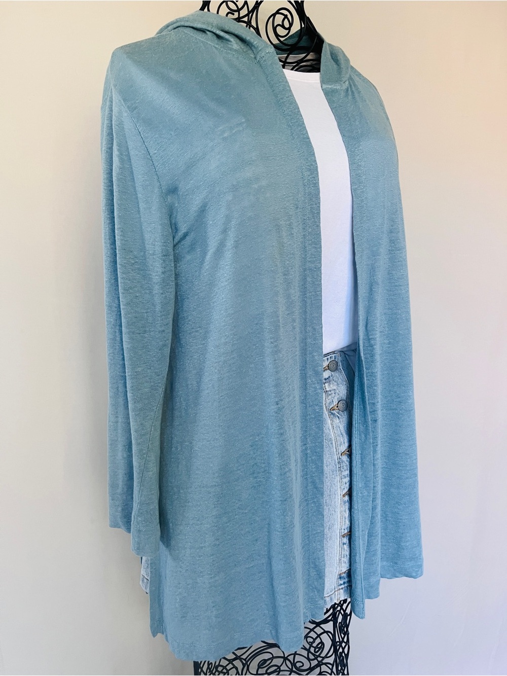 Tahari 100% Linen Hooded Duster Cardigan Seafoam Blue Open Front XL